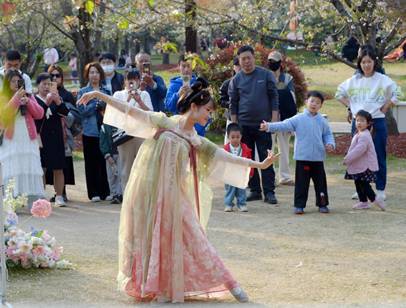 清明假期期間,上海顧村公園櫻花島上,游客在觀賞國(guó)風(fēng)漢服快閃表演。(圖片來(lái)源:視覺(jué)中國(guó))